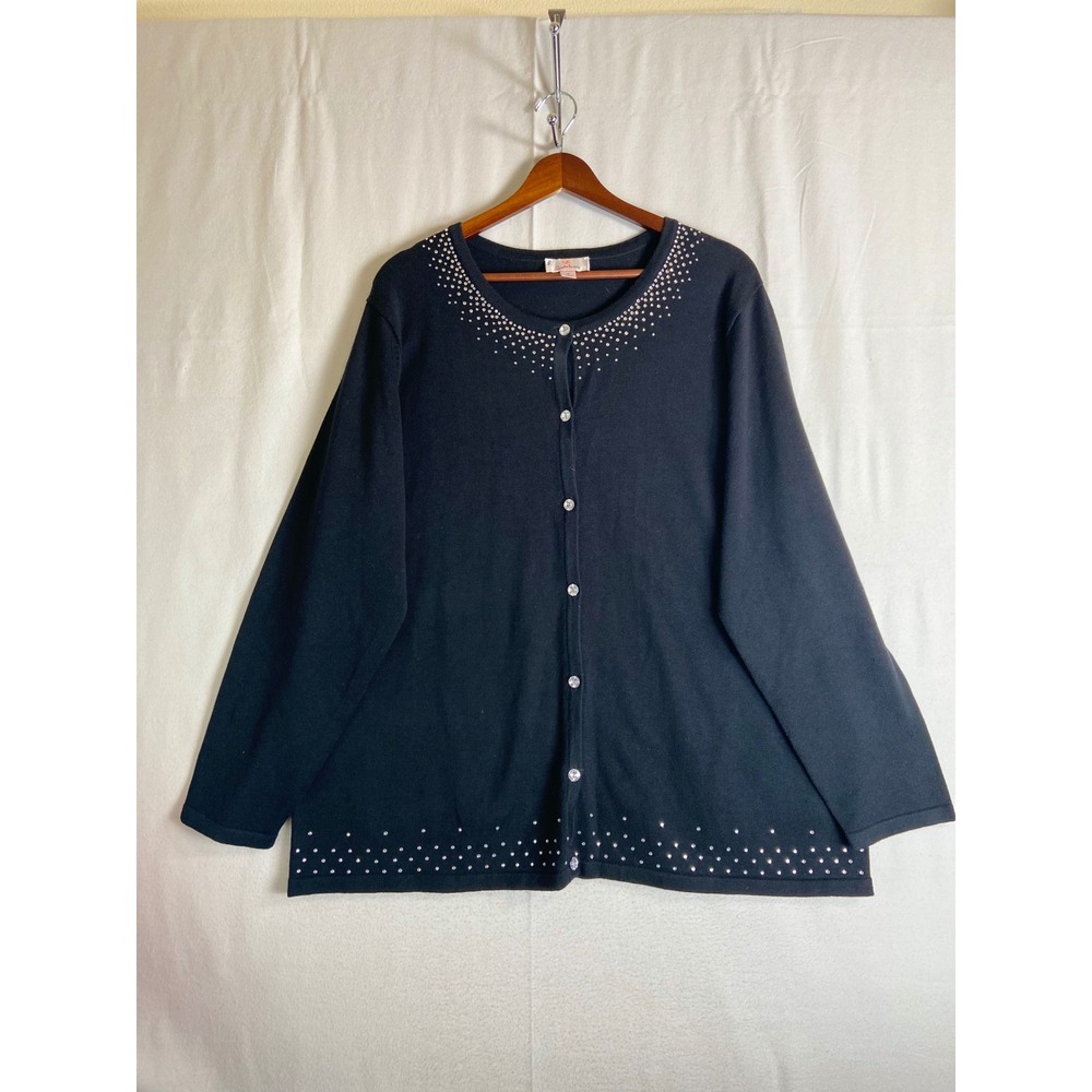Quacker Factory Cardigan Sweater 1X  Black Rhinestone Embellished Button Front